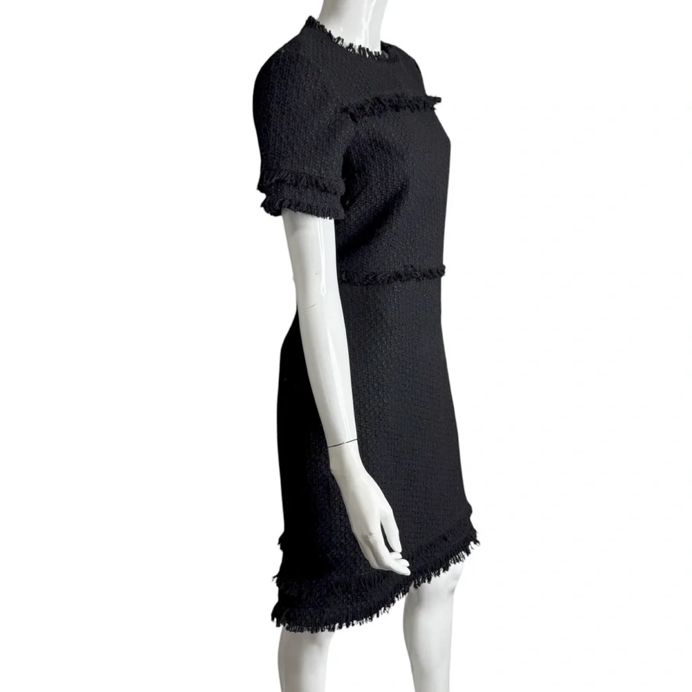 Kate Spade Black and Fringe Short Sleeve A-Line Tweed Midi Dress